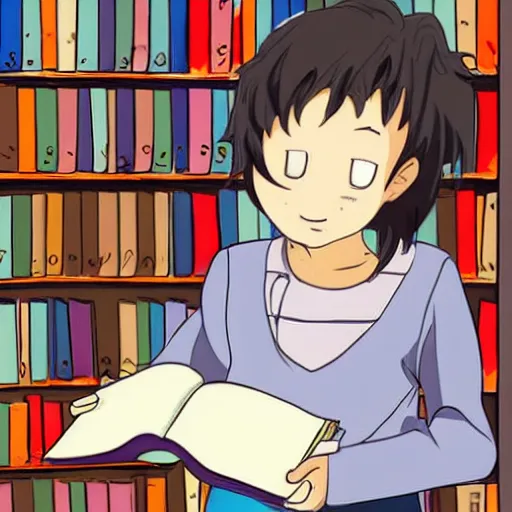 Prompt: a cute adorable phoenix fledgling learning to read in a library ,anime