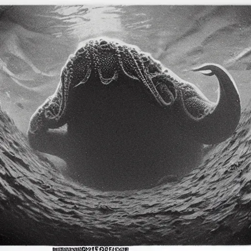 Image similar to a gigantic lovecraftian cyclope emerging from under the ocean, old 3 5 mm ilford black and white, photorealistic
