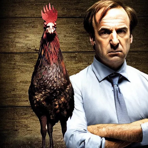 Image similar to saul goodman and a rooster in a medieval torture chamber, saw blades and knives in the background, horror movie, saul goodman, rooster, real life photo, detailed face