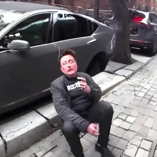 Image similar to bodycam footage of a homeless elon musk going crazy and scamming people, new york streets, wide angle, fisheye, uhd, 4 8 0 p, bodycam, paparazzi, bad quality, pov