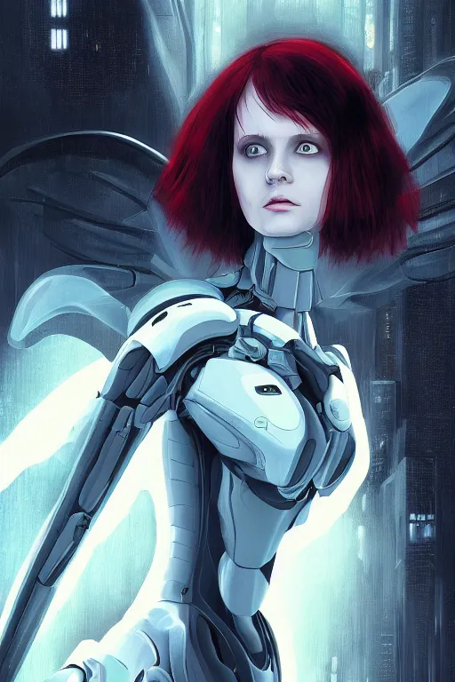 Prompt: white arc-angel with mystic robotic wings, blade runner, akira with red hair, ghost in the shell, 2077, ultra detailed, digital art, 8k ,character ,realistic, portrait, hyperrealistic
