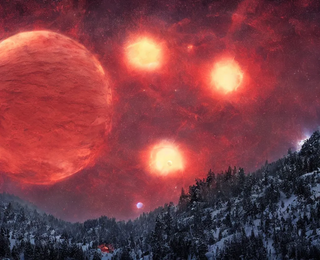 Prompt: A heavily-forested valley surrounded by snow-capped mountains, nighttime, orange gas giant, red nebula, no clouds, sci-fi, photorealistic, landscape