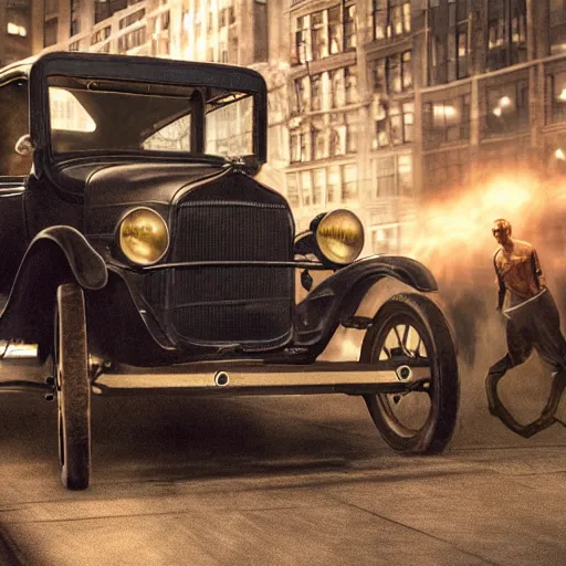 Image similar to very closeup photo of vin diesel as tommy angelo standing near ford model t, chicago 1 9 3 0, night, volumetric lighting, ultra realistic, highly detailed, cinematic, art by jan urschel and neil blevins