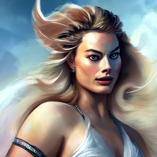 Prompt: margot robbie as a beautiful greek god in the sky, highly detailed, sexy look, detailed face, digital art, trending on artstation