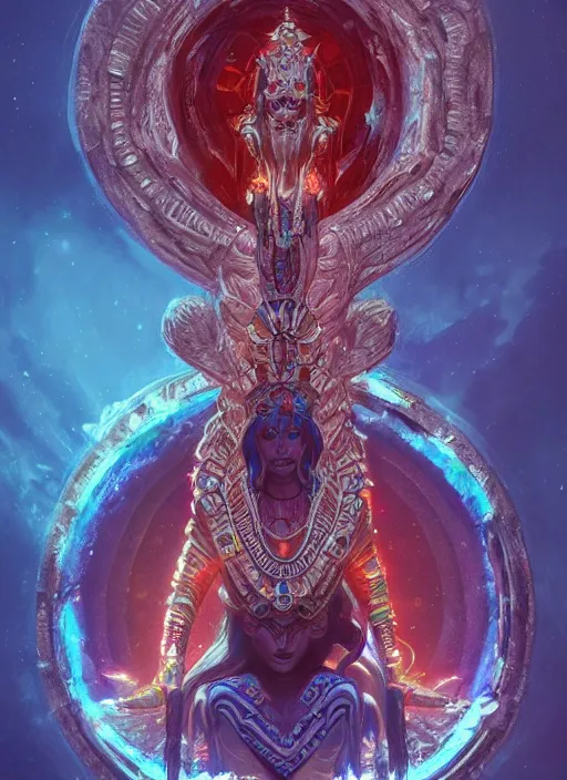 Prompt: hyper realistic photography of intricate symmetric strange aztec alien goddess sitting on opal throne in a crystal cave detailed, greg rutkowski, artstation, cgsociety