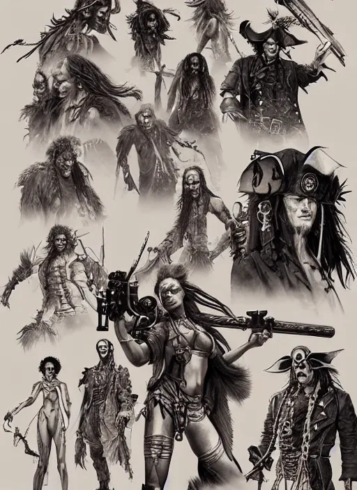 Image similar to detailed pencil spot illustrations of various character concepts from cyberpunk and pirates of the caribbean movie, various poses, by burne hogarth, by bridgeman, by anthony ryder, by yoshitaka amano, by ruan jia, by conrad roset, by mucha, artstation, artstation.