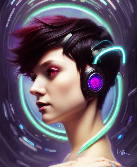 Image similar to a whirlwind of souls rushing inside the metaverse, half body, jewelry, fashionable short haircut, headset, android, cyborg, cyberpunk face, by loish, d & d, fantasy, intricate, elegant, highly detailed, colorful, vivid color, digital painting, artstation, concept art, art by artgerm and greg rutkowski and alphonse mucha