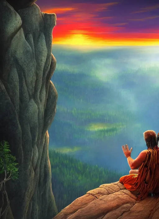 Prompt: an shaman sitting at the top of a cliff, looking down at the valley, doing a vision quest, beautiful sunset, matte painting