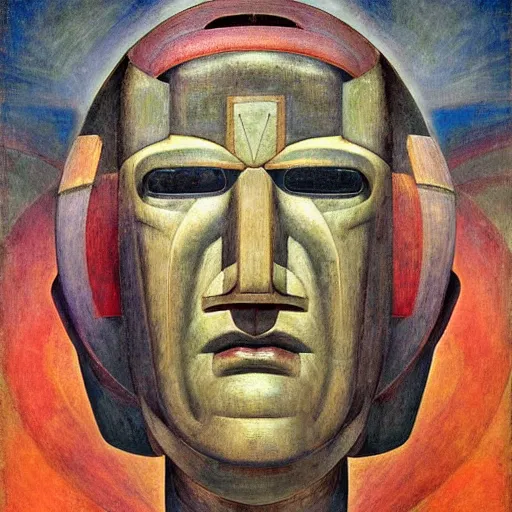 Image similar to head of a robot shaman, by annie swynnerton and edward hopper and jean delville and rufino tamayo and diego rivera and evelyn de morgan, art deco shaman, stylized geometric flowers, art brut, outsider art, symbolist, dramatic lighting, god rays, clean crisp graphics, smooth sharp focus, extremely detailed, adolf wolfli