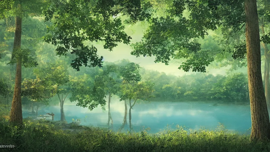 Prompt: a lake in a forest tarashikomi art style