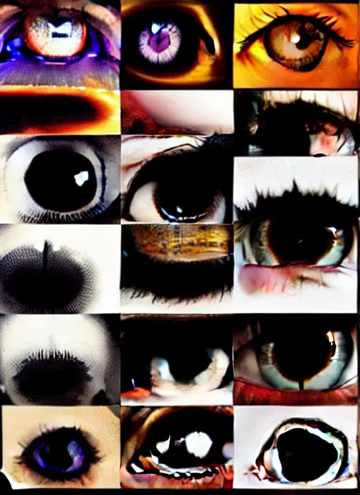 Prompt: grid montage of cube shaped eyes, square shaped black dilated pupils, cube shaped irises, detailed colored textures, eyelashes, advanced art, art styles mix, from wikipedia, wet reflections in square eyes, sunshine light, hd macro photograph, from side, various eyelid positions, square black pupil centered