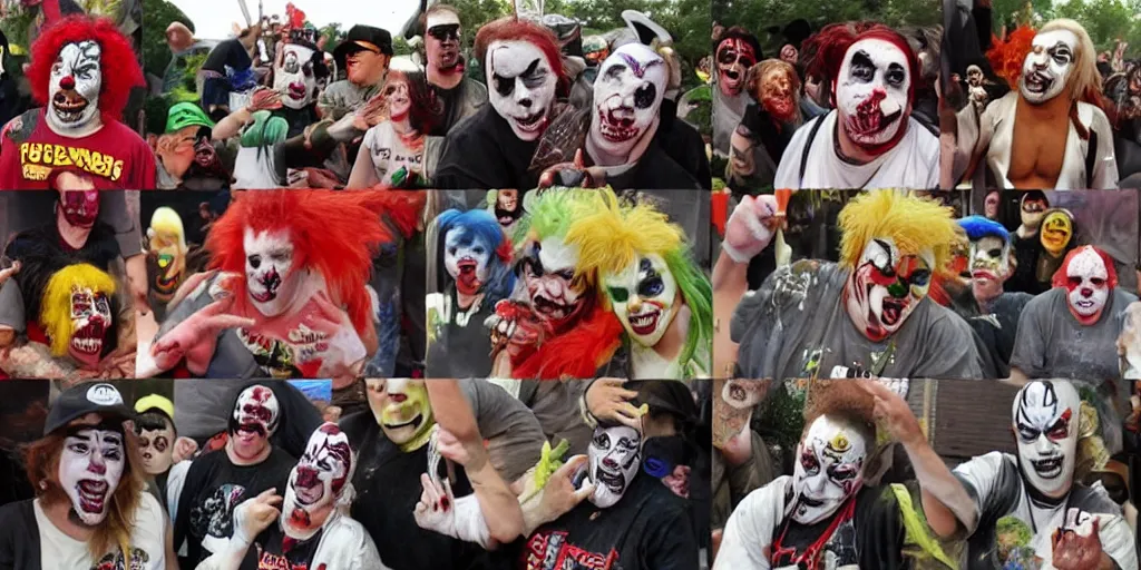 Image similar to Juggalos vs clowns school food fight, detailed facial expressions