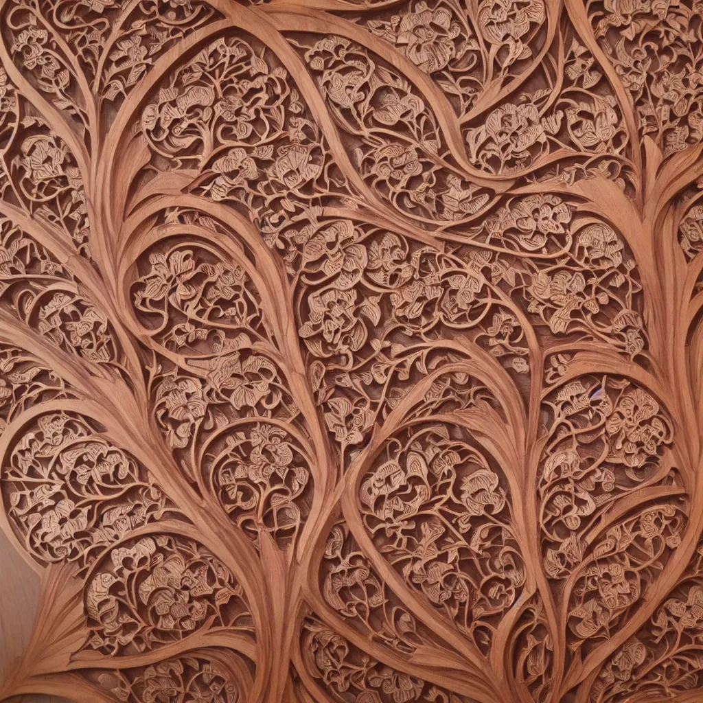 Image similar to a 3 d wooden mahogany art nouveau carved sculpture of a delicate sakura tracery pattern, intricate and highly detailed, well - lit, ornate, realistic, polished with visible wood grain