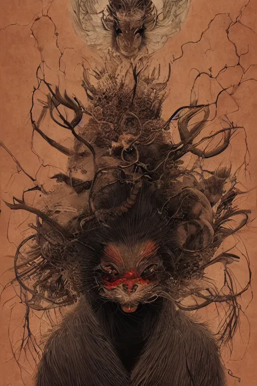 Image similar to a portrait of a horror manga japanese devil animal illustrated by miyazaki by karol bak, james jean, tom bagshaw, rococo, sharp focus, trending on artstation, cinematic lighting, hyper realism, octane render, 8 k, hyper detailed, vivid, ultra detailed, highly detailed