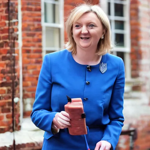 Image similar to liz truss using pork sausage as a phone