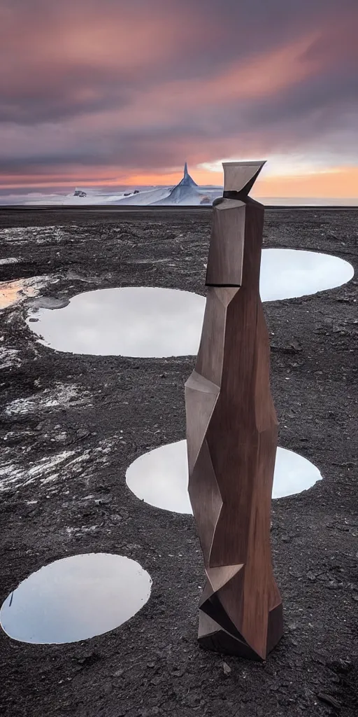 Image similar to futuristic angular architect humanoid sculpture made from deconstucted charcoal wood and mirrors, refracted, floating, iceland landscape photography sunset, by lurie belegurschi and gunnar freyr