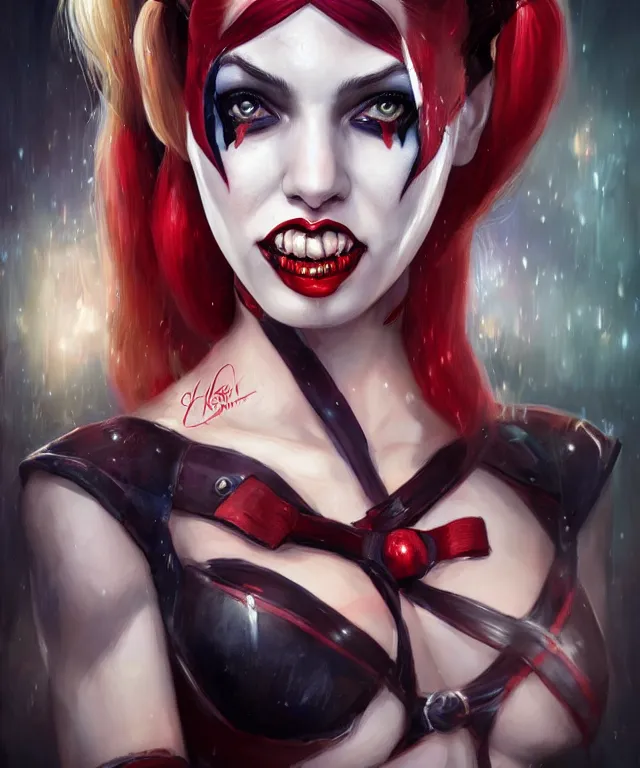 Prompt: harley quinn at the circus by charlie bowater and artgerm, portrait, intricate, face, carnival, elegant, beautiful, highly detailed, dramatic lighting, sharp focus, trending on artstation, artstationhd, artstationhq, unreal engine, 4 k, 8 k