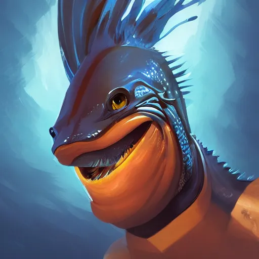 Prompt: portrait of an antropomorphic fish creature, black fins, human body, angry look, ready for battle, masterpiece, matte painting concept blizzard pixar maya engine on cold night stylized background splash comics global illumination lighting artstation lois van baarle, ilya kuvshinov, rossdraws