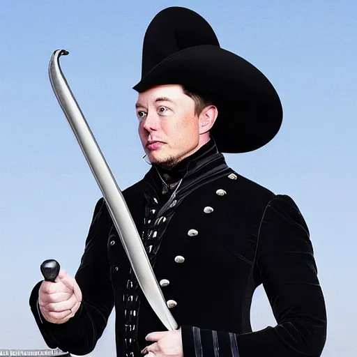 Image similar to full body photo of elon musk in the shape of a musketeer, he has a big black hat and holds a shiny sword