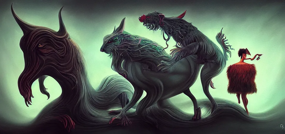 Image similar to strange mythical beasts of whimsy, surreal dark uncanny painting by ronny khalil