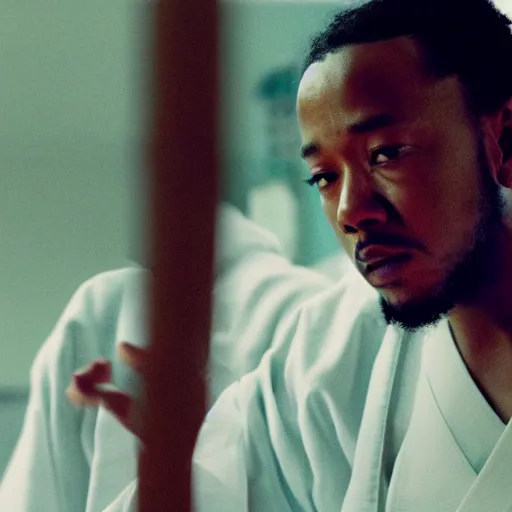 Prompt: cinematic film still of Kendrick Lamar starring as a Japanese Sensei with fire, Japanese CGI, VFX, 2003, 40mm lens, shallow depth of field, film photography