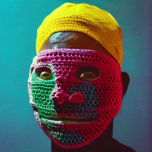 Prompt: a happy man in a multicolored crochet mask, grainy film, vintage, bioluminescent - n 4