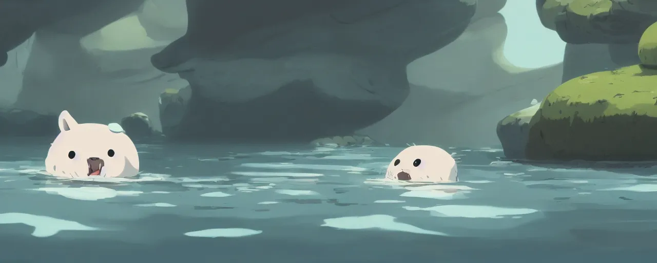 Prompt: a baby harp seal swimming in a tropical river, atey ghailan, goro fujita, studio ghibli, rim light, bright lighting, clear focus, very coherent