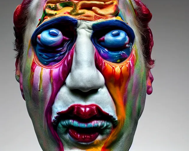 Prompt: a massive porcelain sculpture in an psychosphere of nicholas cage's face spewing psychedelic clowns from his mouth, in the style of johnson tsang, funny sculpture, lucid dream series, oil on canvas, francis bacon