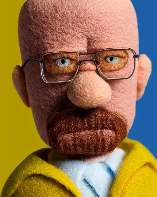 Prompt: walter white as a muppet. highly detailed felt. hyper real photo. 4 k.