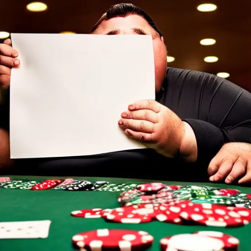 Prompt: incredibly detailed high quality studio portrait of an obese man looking at a piece of paper at a poker table in a casino while flood waters fill the room