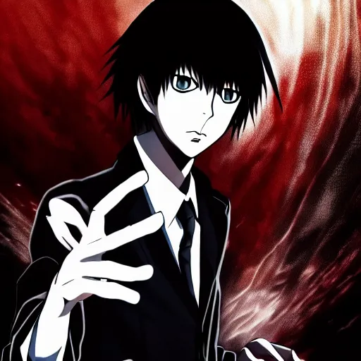 Prompt: light yagami from death note wearing a black suit, dark lighting, sinister, anime, 4k, professional anime artwork,