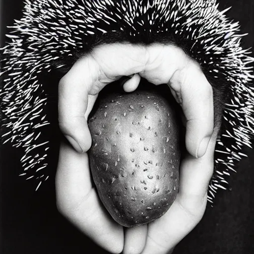 Image similar to Portrait of someone being half human, half potato, half hedgehog, photograph by Annie Lebowitz, very detailed, black and white, 35mm