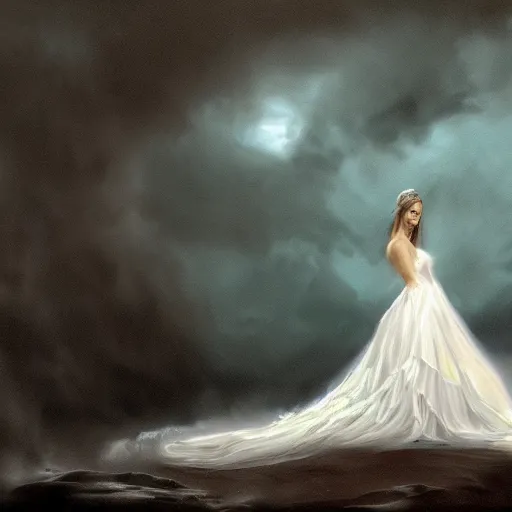 Prompt: oil painting of a velociraptor wearing a white wedding dress, atmospheric, beautiful, cinematic, detailed, fullbody portrait, 4 k, 8 k