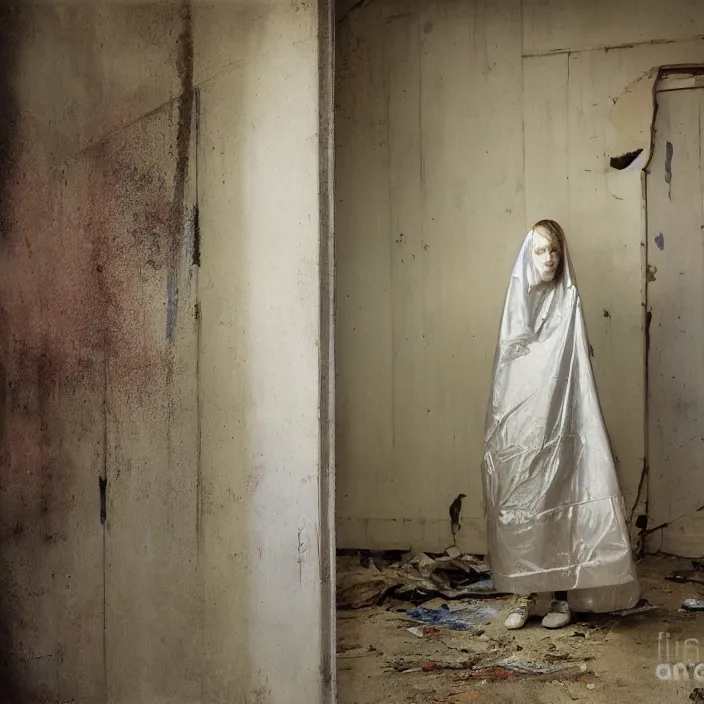 Image similar to a color photograph, closeup portrait of a woman wrapped in plastic, standing in an abandoned daycare, color photograph, by vincent desiderio, canon eos c 3 0 0, ƒ 1. 8, 3 5 mm, 8 k, medium - format print