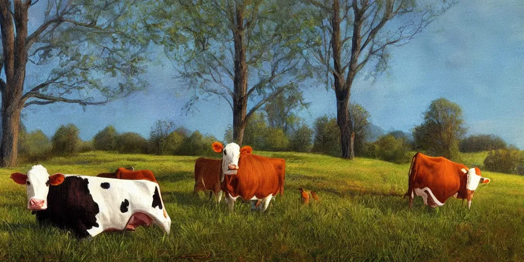 Image similar to cow, volumetric lighting, spring early, nice slight overcast weather, realistic illustration, perfectly shaded, ( golden hour ), soft painting, low angle, art by sven nordqvist