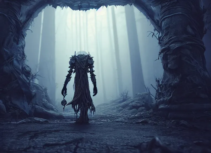 Prompt: character and environment design, ( ( biomechanical ) ) druid walking through a magic portal to another world, tattered!!! robe and hood, blue light, fog, scary, arrogant, hostile, photorealistic, cinematic, hyper realistic, octane render, 8 k, wide angle