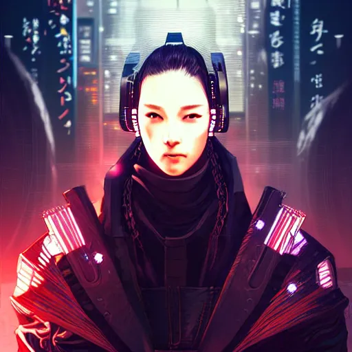 Image similar to portrait of a fierce dangerous cyberpunk hacker android samurai in neotokyo at night, futuristic cyberpunk tokyo night, sci - fi and fantasy, intricate and very beautiful, highly detailed, digital painting, artstation, concept art, smooth and sharp focus, illustration, art by tian zi and wlop and alphonse mucha