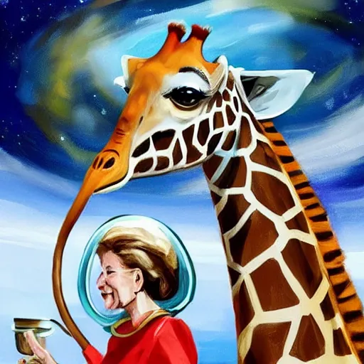 Image similar to a giraffe dressed like an astronaut drinking tea with queen isabel, trending on artstation, art by greg manchess, guangjian, detailed digital art, artstation hd