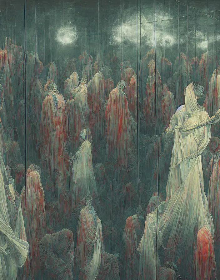 Image similar to worshippers in robes belonging to the cult of the crystal light gather inside a small room around the big glowing crystal, big glowing crystal radiating white light, small room, interior, beksinski painting, part by adrian ghenie and gerhard richter. art by takato yamamoto. masterpiece, deep colours