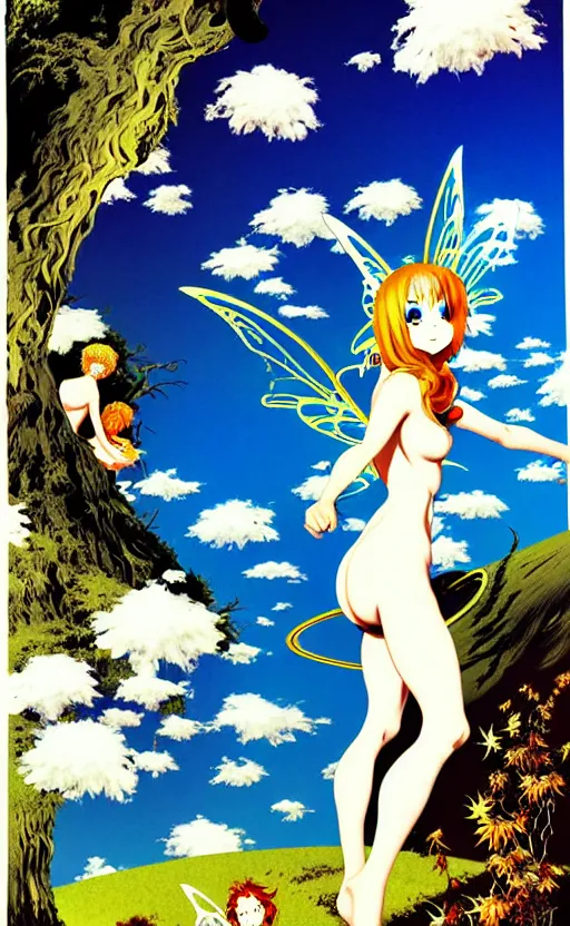 Image similar to anime fairies, enchanted forest, sun in the sky, bunnies, hallucination, psychotropic psychedelic, wide angle shot, white background, vector art, illustration by frank frazetta by salvador dali