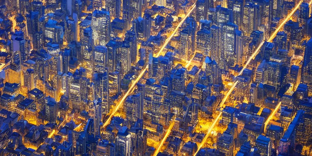 Prompt: futuristic City photo view from the sky , infrastructure , highways , tall buildings,forest of light