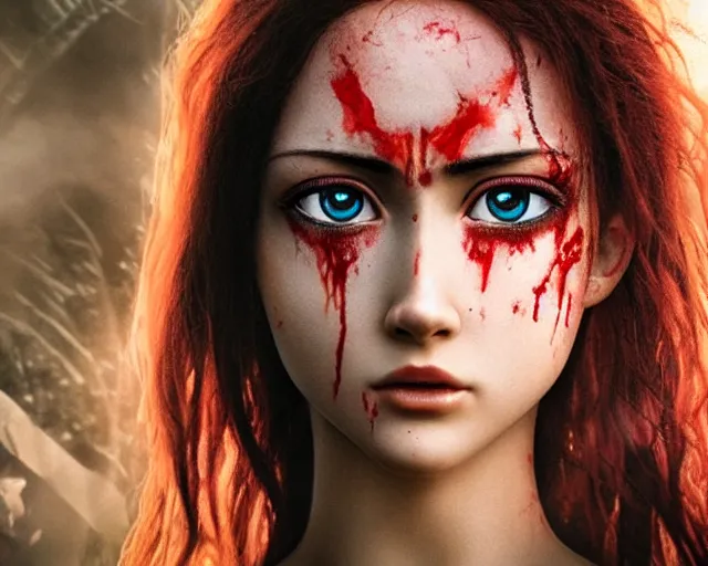 Image similar to award winning 5 5 mm close up face portrait photo of an anesthetic and beautiful redhead alita battle angel who looks directly at the camera with blood - red wavy hair, intricate eyes that look like gems, and long fangs, in a park by luis royo. rule of thirds.