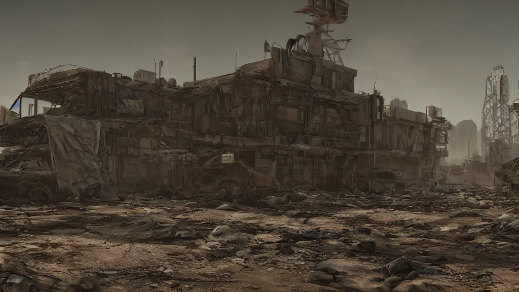 Image similar to post apocalyptic wasteland, octane render, 8k