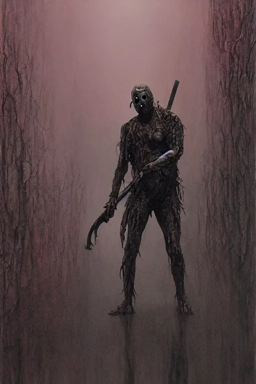 Image similar to distorted, grotesque vision of Jason Voorhies with machete peering through corpse, dark, intricate, smooth, artstation, painted by Wayne Barlowe, Greg Rutkowski, Zdislav Beksinski