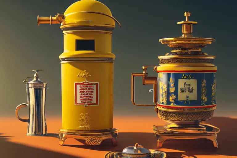 Image similar to a very detailed concept art of wes anderson samovar, trending on artstation, digital art, 4 k, hyper realistic, octane render, sharp focus