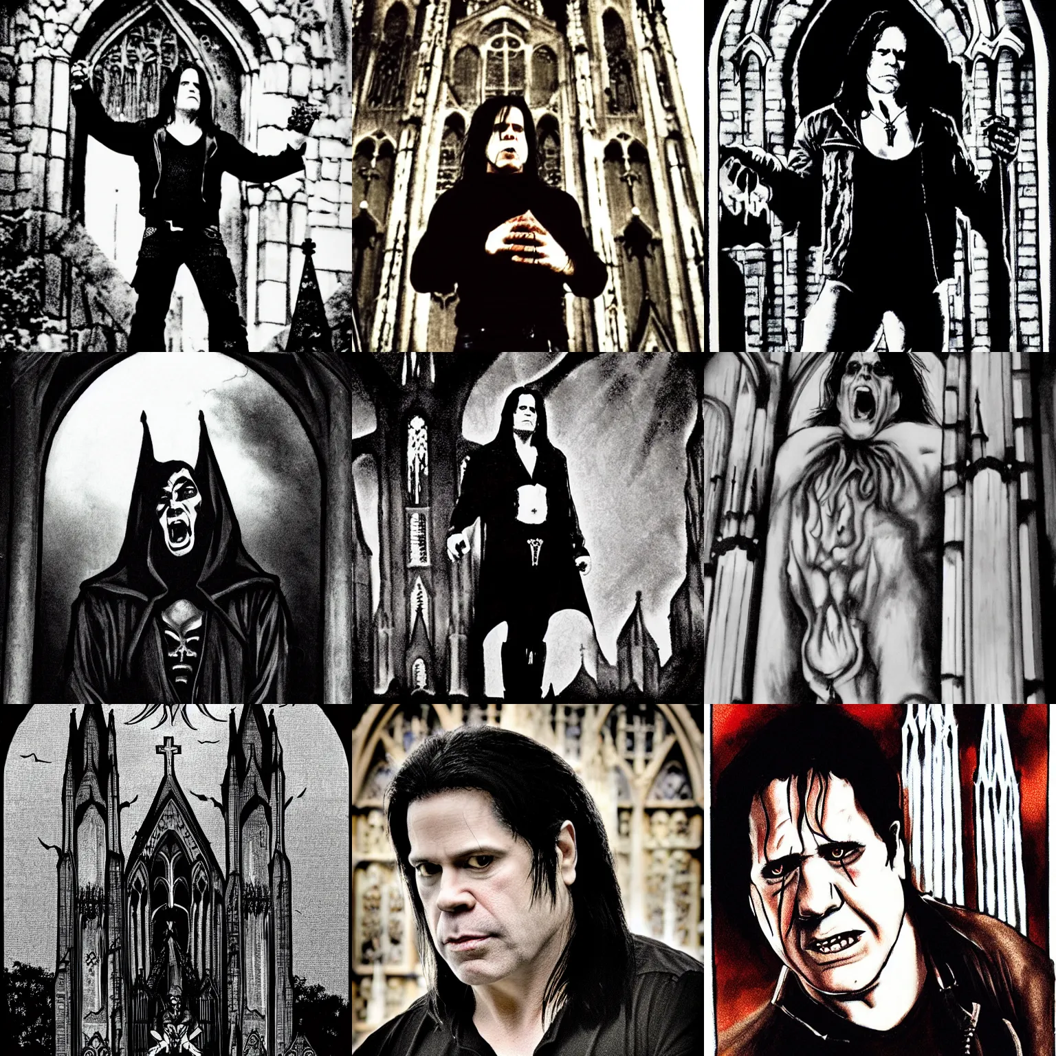 Prompt: glenn danzig as a vampire standing on a gothic church