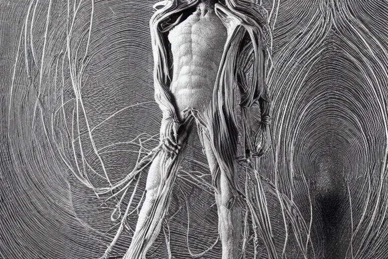 Prompt: intricate humanoid made entirely of silver wire, style by caspar david friedrich and wayne barlowe and ted nasmith.