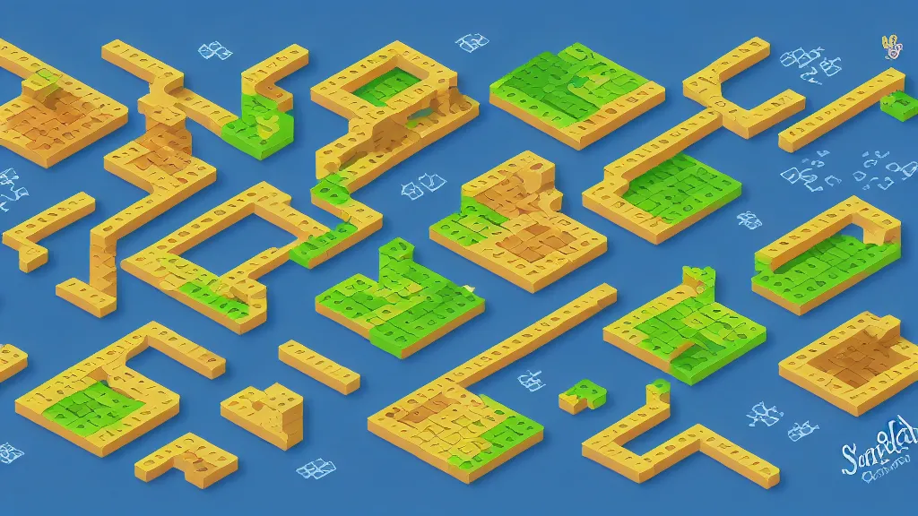 Image similar to sketched seasonable change isometric puzzle game, intricate design change