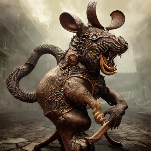 Prompt: The Chinese Zodiac sign of rat warrior, traditional Chinese textures, hyper detail, Unreal engine,Octane render, by Brooke Shaden,