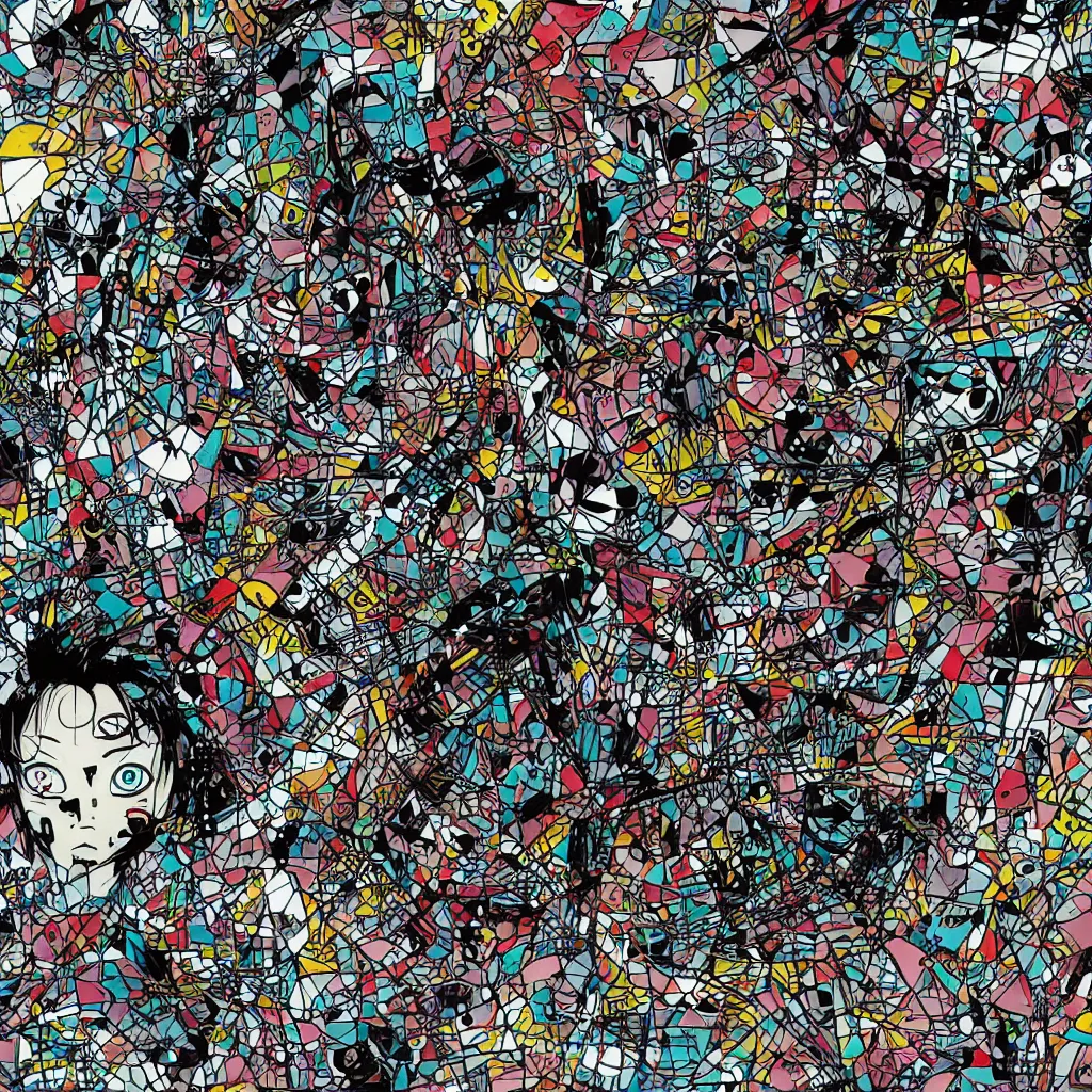 Image similar to girl figure, abstract, jet set radio artwork, ryuta ueda artwork, cryptic, rips, spots, asymmetry, stipple, lines, glitches, color tearing, pitch bending, stripes, dark, ominous, eerie, hearts, minimal, points, otomo katsuhiro artwork, technical, natsumi mukai artwrok, folds